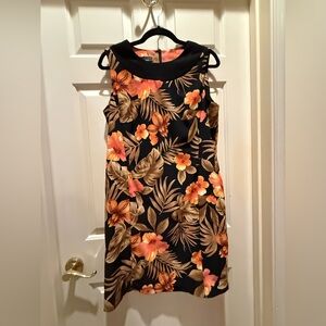 AB Studio Black sleeveless sheath Dress with Orange & Tan Tropical Print